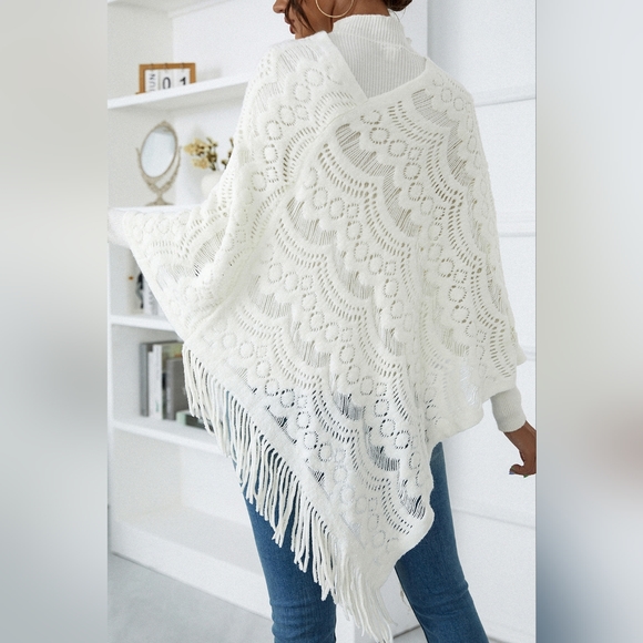 Knit Openwork Macrame Oversized Retro Fringe Pullover Poncho Sweater Jacket - Picture 2 of 9